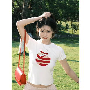 上衣 设计感苹果印花正肩短袖 T恤女夏季 穿搭白色纯棉修身 小众短款