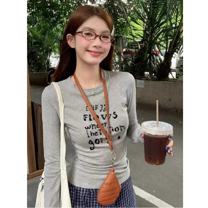 美式复古字母印花正肩长袖T恤女