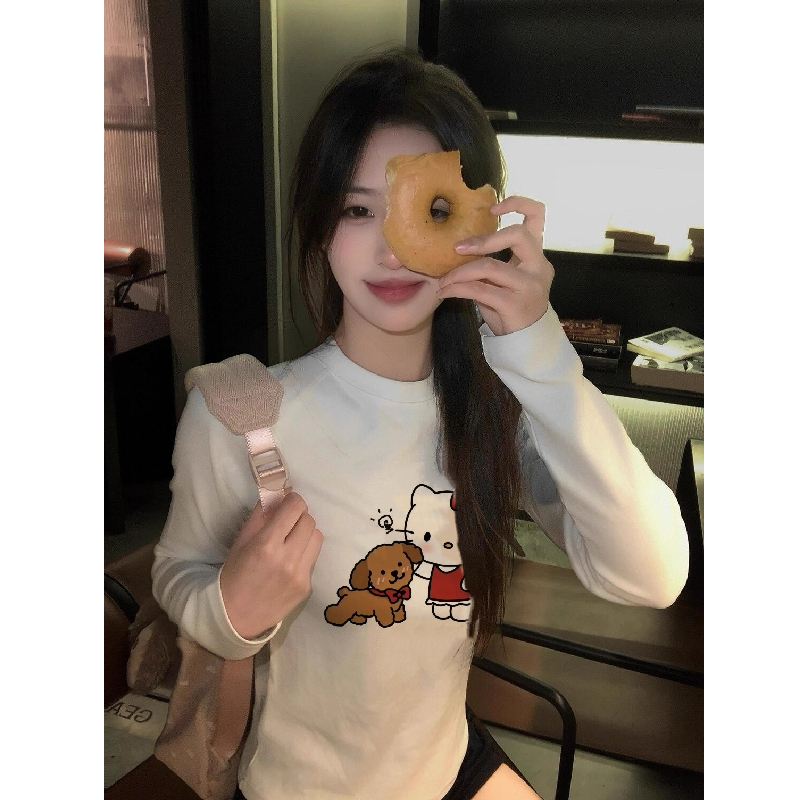 甜辣风趣味卡通印花正肩长袖T恤