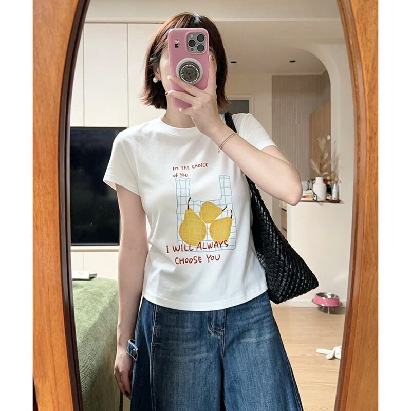 韩系减龄时尚雪梨印花白色短袖T恤女夏季设计感修身显瘦正肩上衣