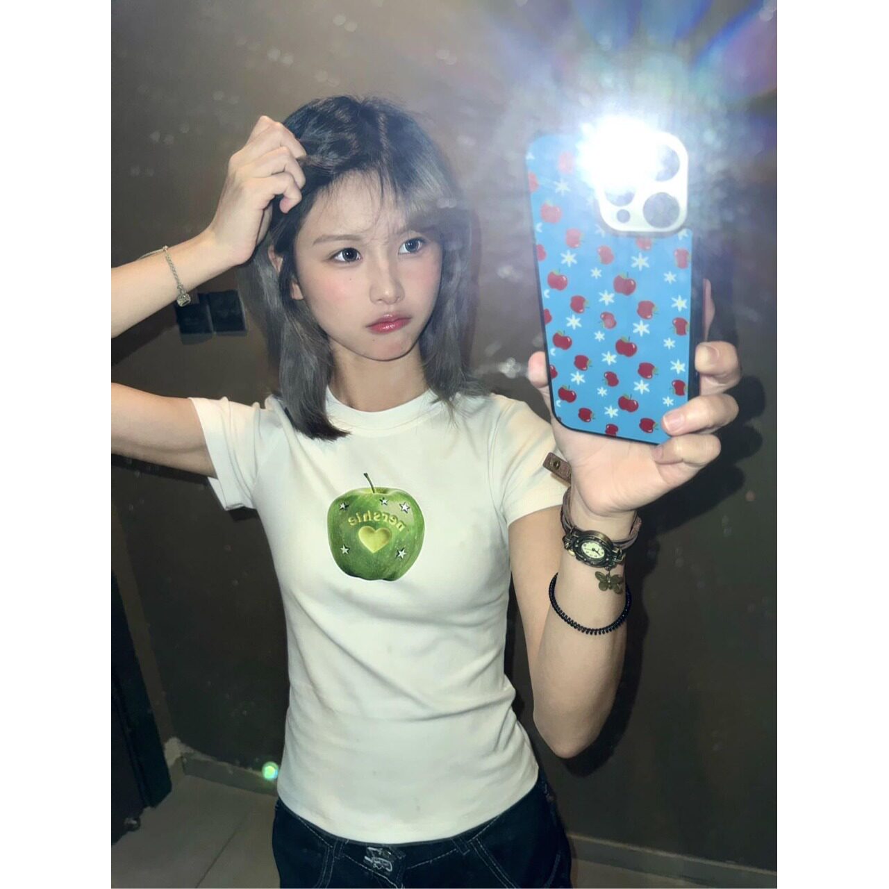 美式纯棉青苹果短袖T恤女上衣夏图片