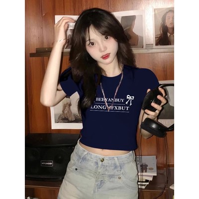 藏青色正肩短袖T恤女夏短款上衣