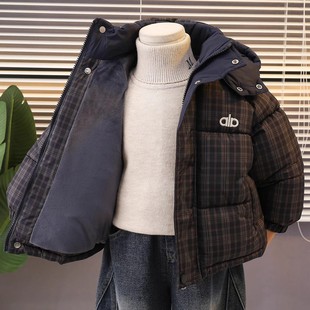 男童冬款加绒加厚外套2025新款网红连帽格子棉服冬季棉袄宝宝洋气