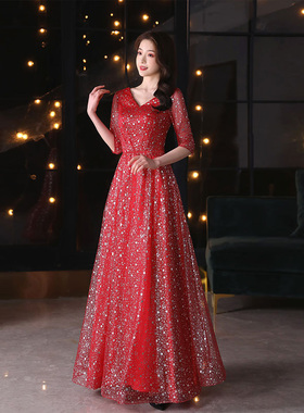 红色星空大合唱演出服女长裙主持人歌唱祖国独唱表演舞台指挥礼服