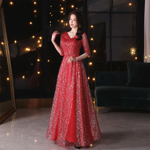 红色星空大合唱演出服女长裙主持人歌唱祖国独唱表演舞台指挥礼服