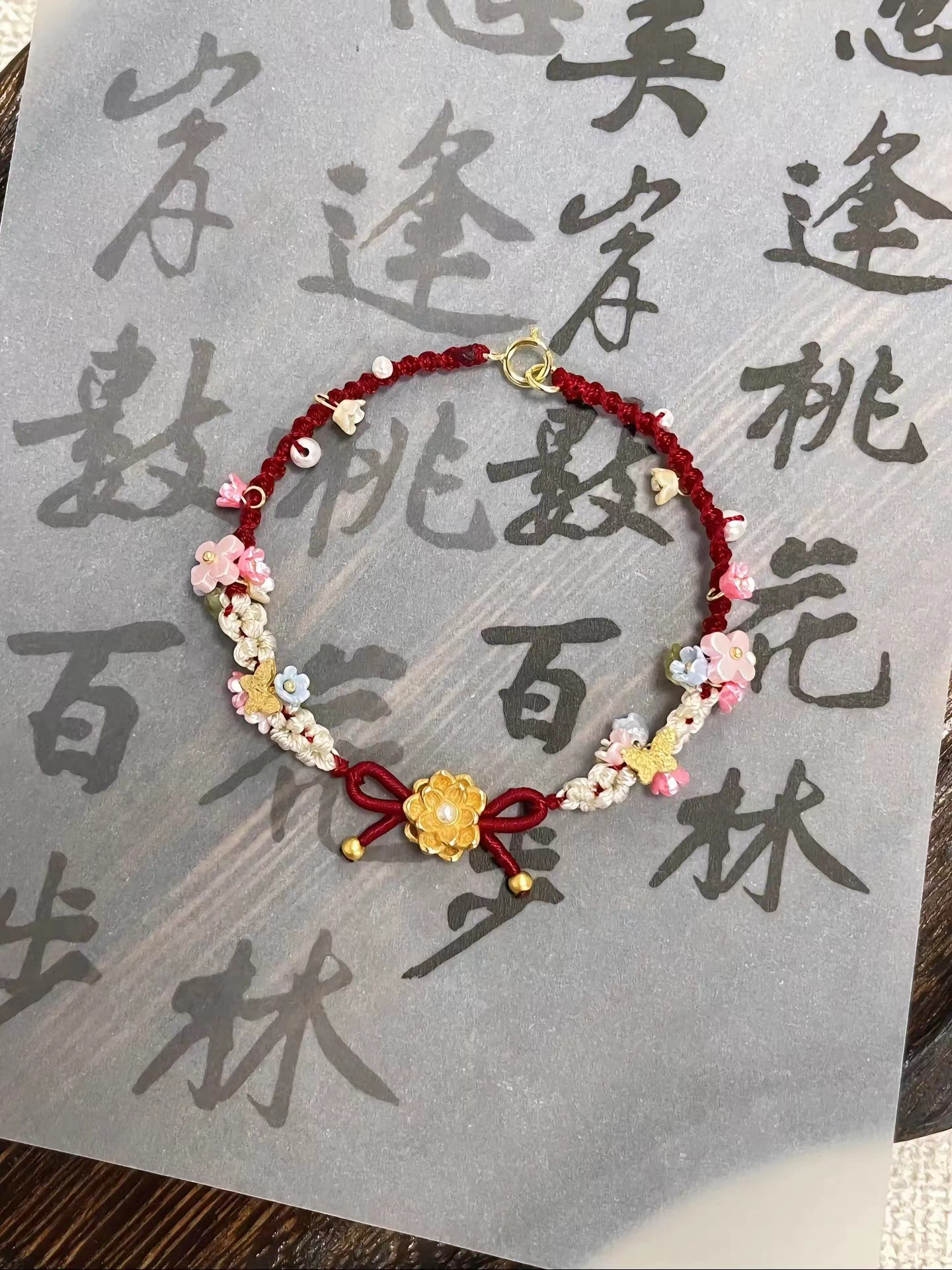 mini小花莲花手绳敲显白酒红手链