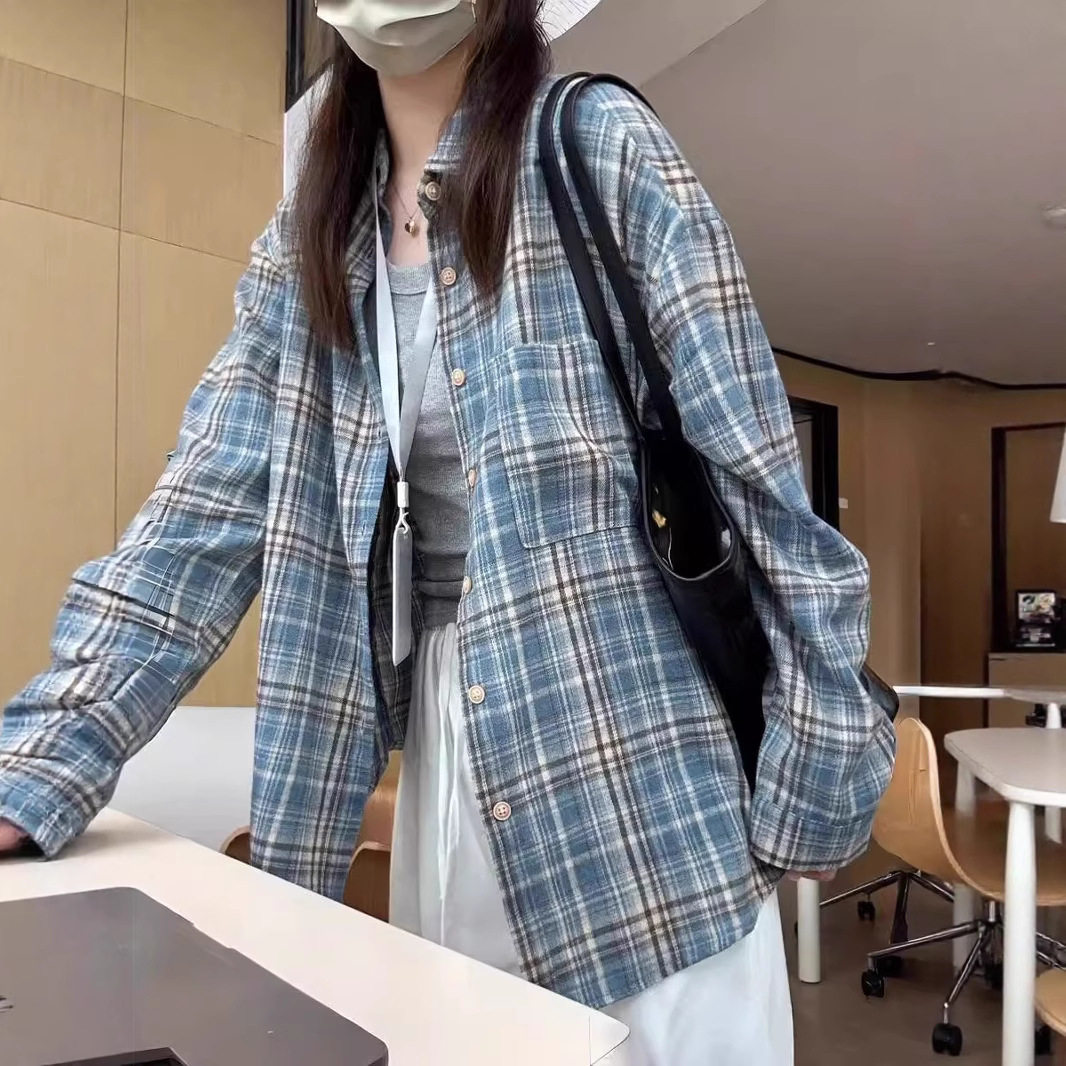 美式潮牌复古格子薄款长袖衬衫女春夏2026新款设计感叠穿宽松外套