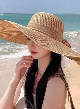 夏天沙滩草帽子女海边大帽檐防晒遮阳蝴蝶结凉帽太阳帽可折叠休闲