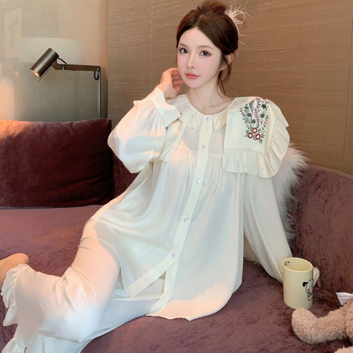 大领子冰丝提花秋季新款睡衣