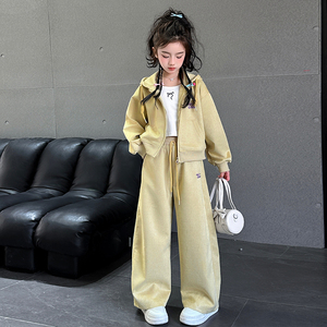 女大童春装套装2025新款洋气女孩开衫连帽卫衣运动卫裤春秋两件套