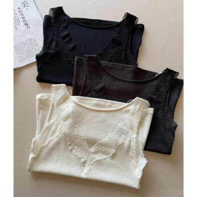 25新款法式蕾丝拼接V领背心女内搭外穿保暖打底衫上衣甜美吊带