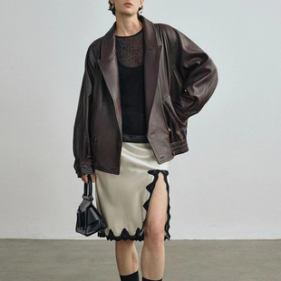 今年流行特惠真皮皮衣HN3254山羊仿鹿纹大翻领连肩袖 欧美简约风阔