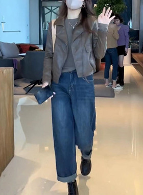 今年流行特惠22821大爱美依缘2025韩版新款拉链皮衣外套高腰直筒