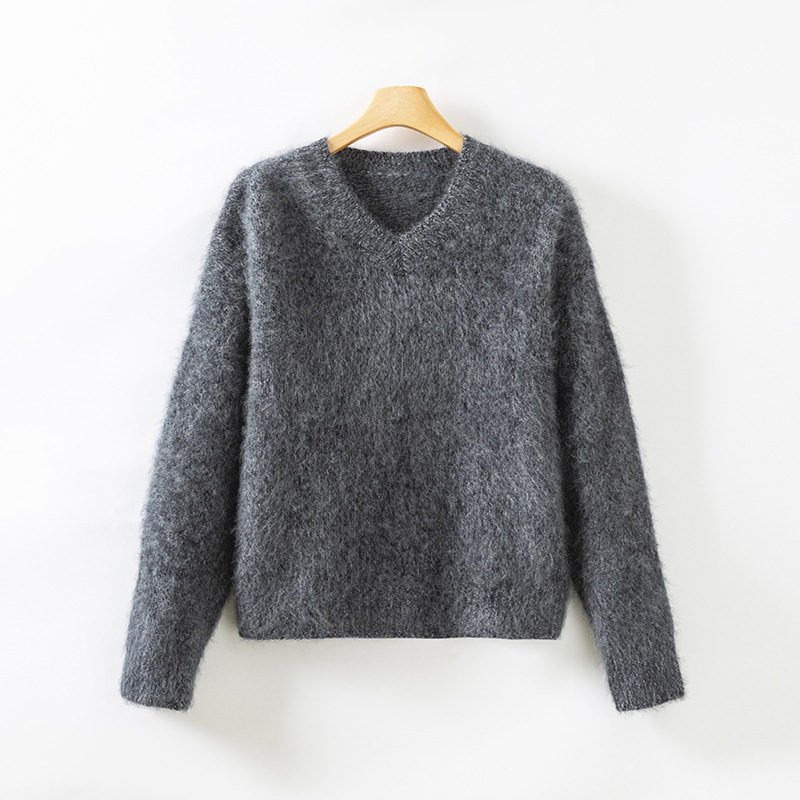 今年流行特惠濮院大V领拉绒羊毛羊绒毛衣廓形休闲秋冬加厚针织衫