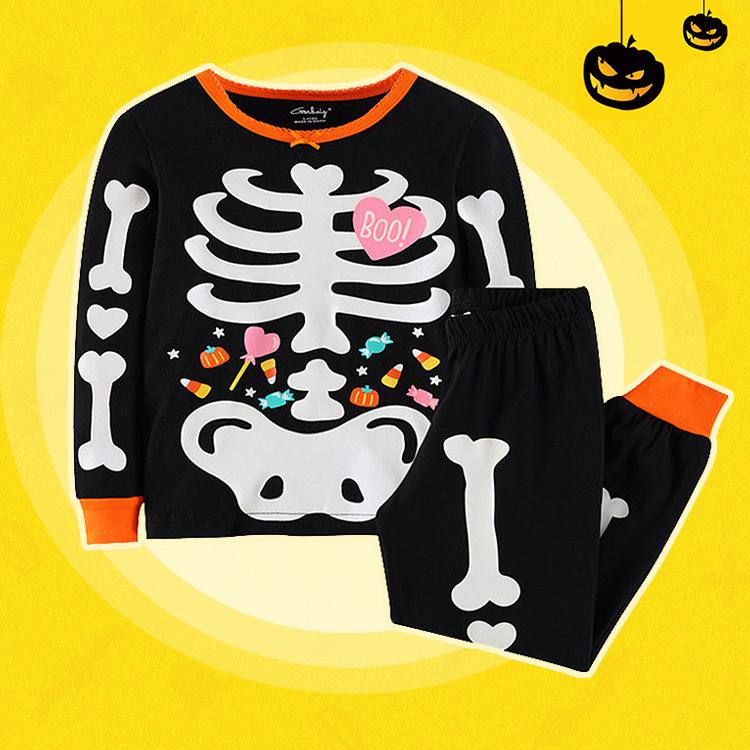 万圣节儿童服装中小童家居服夜光宝宝睡衣男童跨境套装打底衫童装