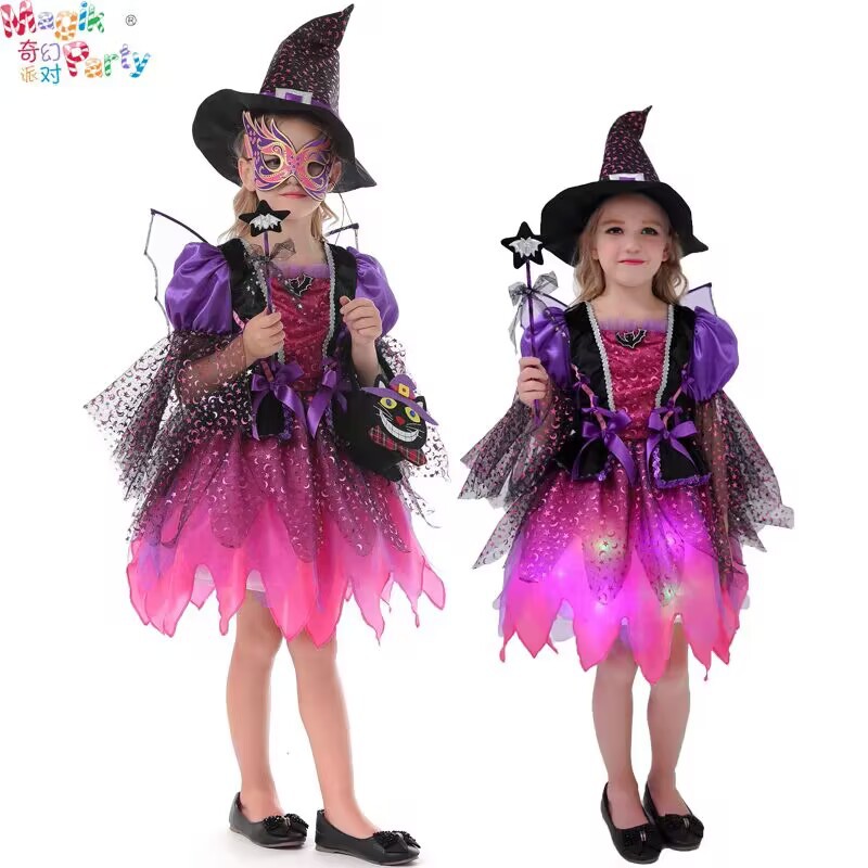 儿童万圣节服装 女童cos化妆舞会演出服巫婆公主裙小女巫表演服装