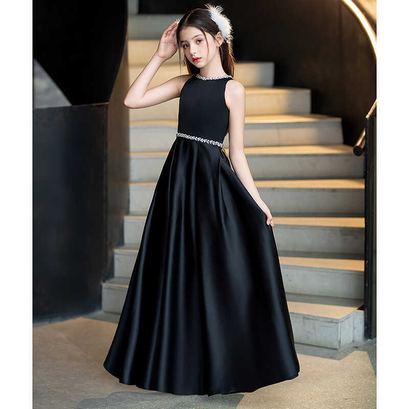 黑色缎面晚礼服小提琴钢琴演出服小主持人女童日常可穿生日礼服裙