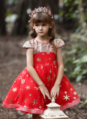 外贸圣诞节亮片连衣裙雪花红色蓬蓬裙裙学校舞蹈表演礼服dress