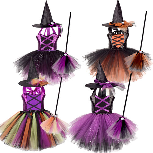 万圣节跨境新品儿童亮片女巫连衣裙三件套欧美女童派对cos装扮服