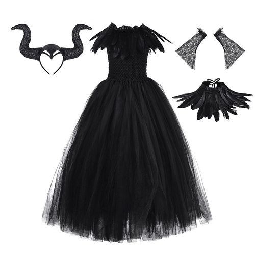 沉睡魔咒女巫连衣裙 万圣节女巫cosplay服装女童黑色网纱礼服套装