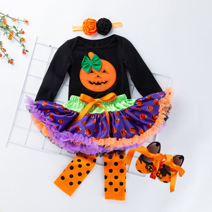 万圣节宝宝派对服5件套礼服卡通南瓜长袖哈衣公主裙鞋袜节日套装