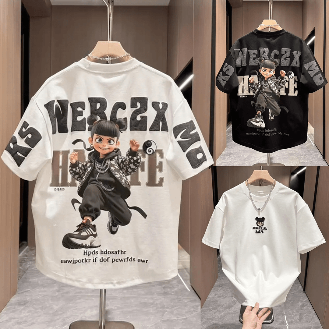 哪咤儿童短袖T恤哪吒夏中大童魔童美式上衣卡通炸街潮酷帅气体恤t