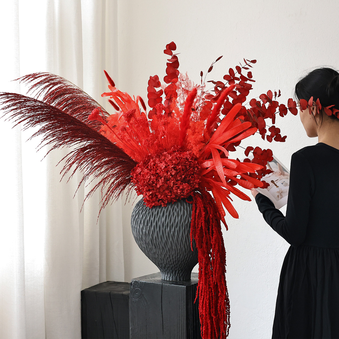 红色喜庆干花花束永生花客厅婚礼开业布置新年装饰品摆件花瓶插花