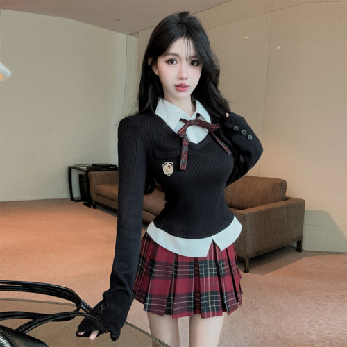 学院jk套装两件拼接长袖针织上衣