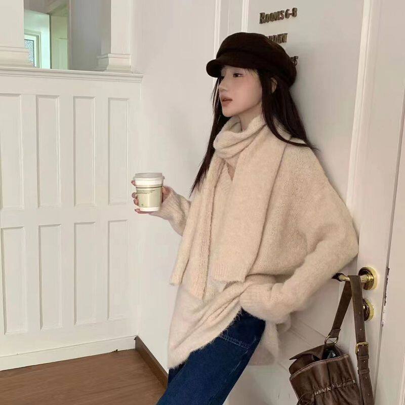 秋冬慵懒风大码毛衣针织衫配围巾个性穿塔女装胖妹妹显瘦外穿毛衫
