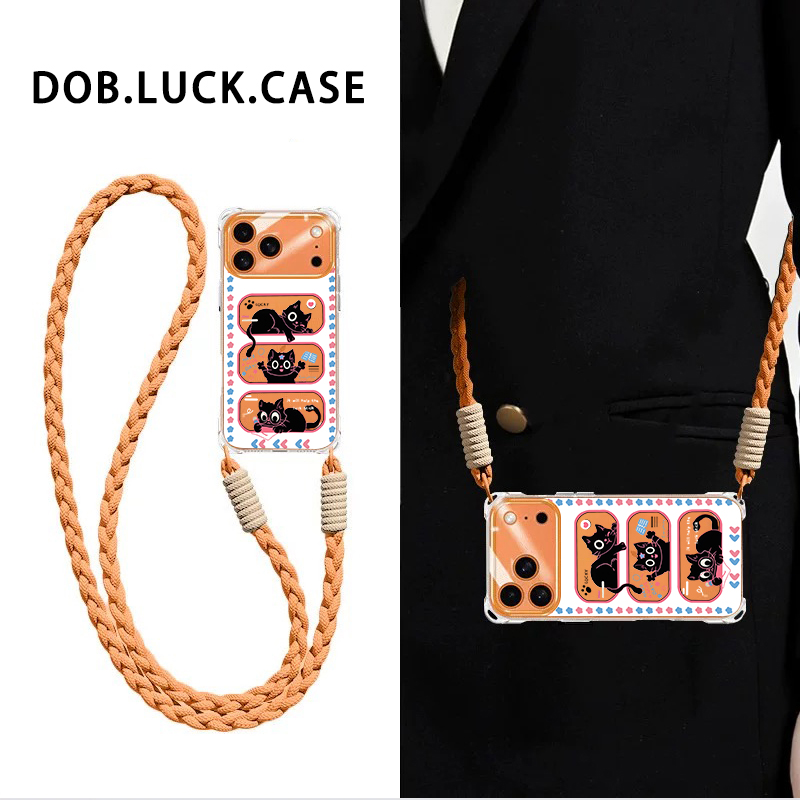 适用苹果手机壳镂空小黑猫斜挎绳