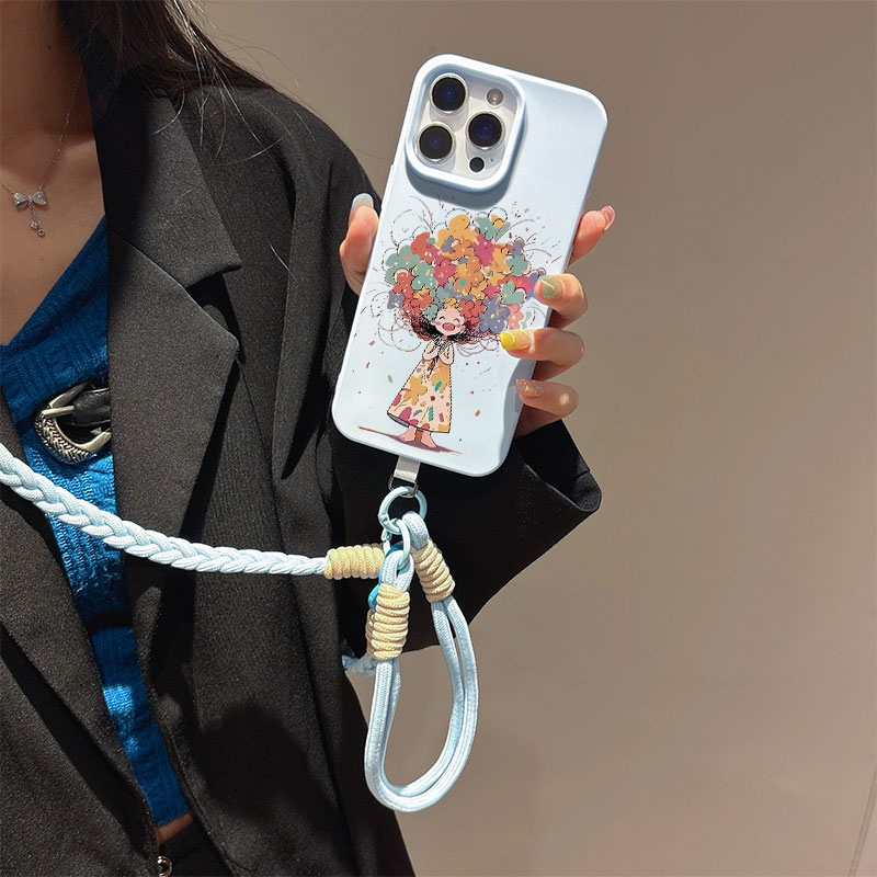 适用华为手机壳微笑女孩斜挎挂绳