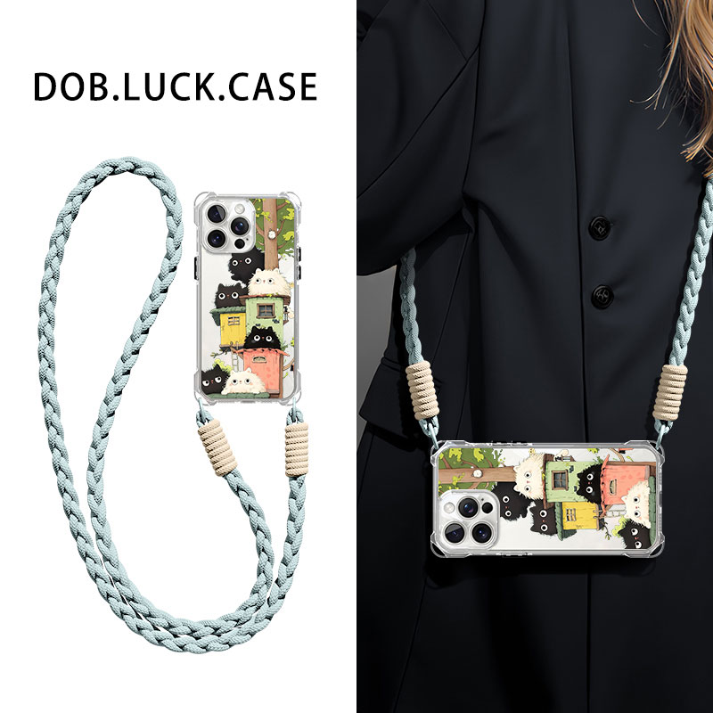 适用苹果手机壳树屋小猫斜挎挂绳