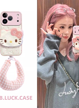 毛绒波点KT猫适用苹果17promax手机壳iphone16por全包17新款15pro防摔14/13保护套12卡通高级感带挂绳皮纹女