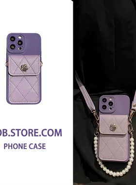 暗紫色山茶花零钱卡包适用OPPO Reno12手机壳A3pro斜挎a58A72软套reno987se挂绳A93A96气质findx7珍珠手链K12