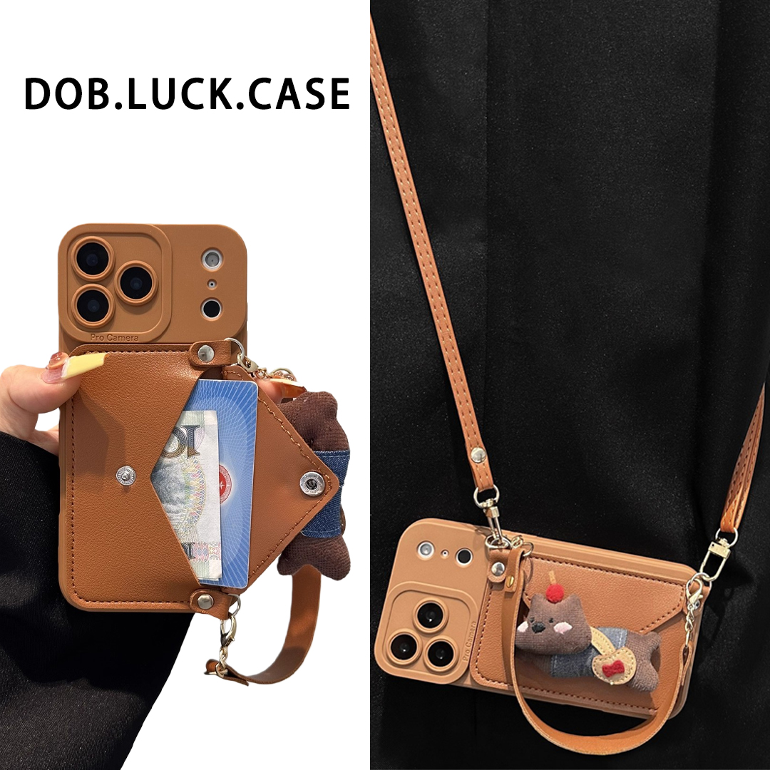 适用苹果手机壳樱桃熊卡包斜挎绳