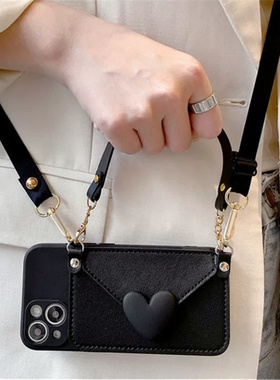 黑色爱心零钱卡包适用vivo y200手机壳iqooz9软套X90x80x70pro简约y76s背带y52y78y73斜挎挂绳s16e女neo8手提