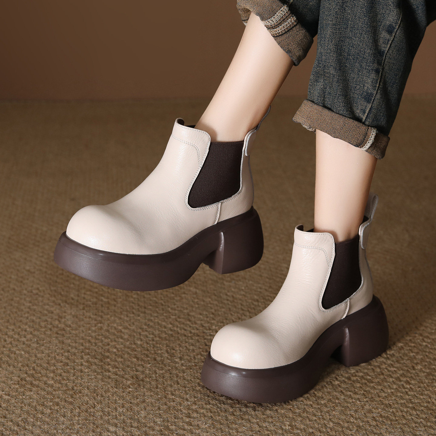厚底粗跟短筒皮靴女圆头小个子套筒切尔西靴真皮时尚休闲烟筒靴子,女鞋,切尔西靴,淘宝优惠券,粉丝福利购,淘宝优惠卷