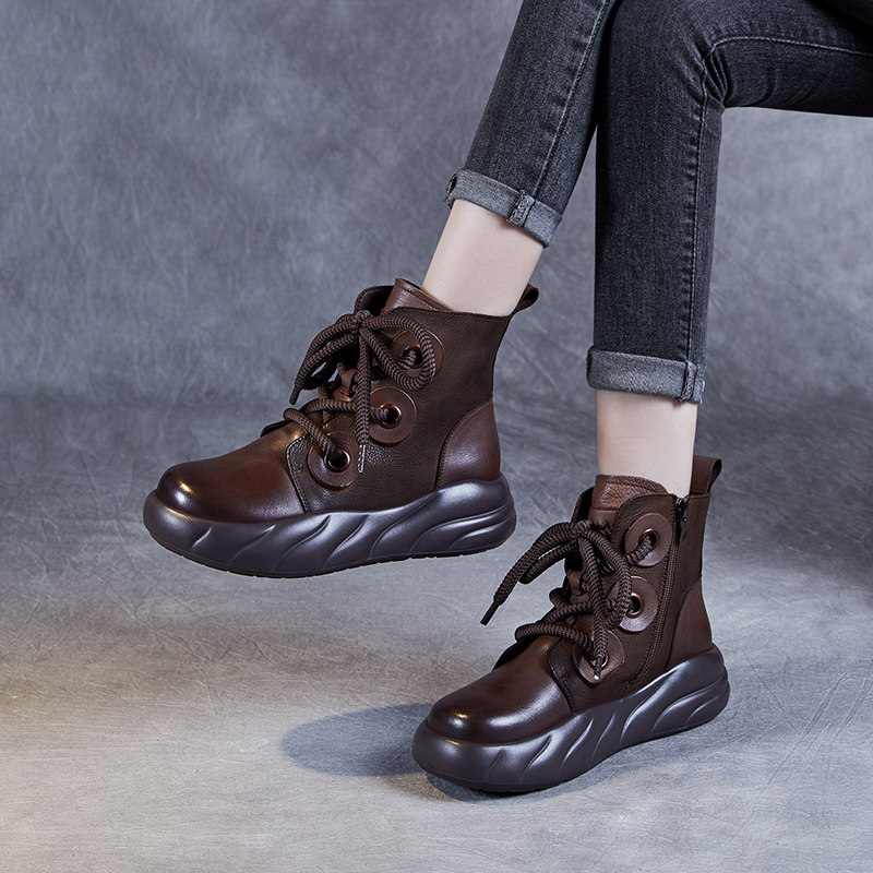 2026年秋冬厚底坡跟马丁靴女圆头短靴真皮复古休闲加绒保暖棉靴子