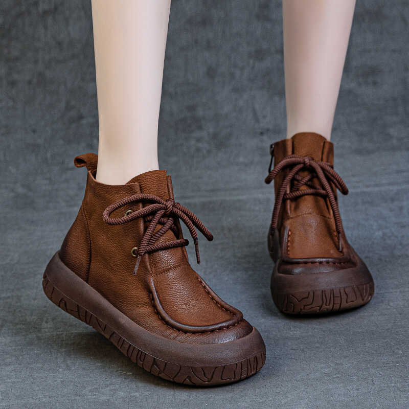 复古马丁靴女厚底真皮系带短靴