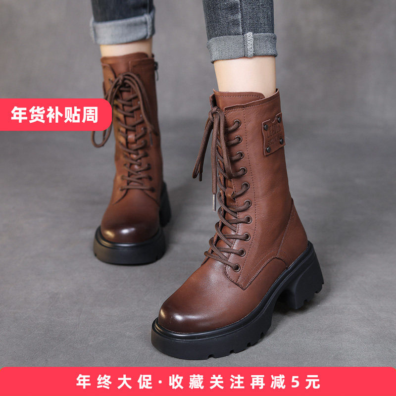 2025年新款真皮复古中筒靴女圆头厚底粗跟马丁靴英伦风加绒机车靴