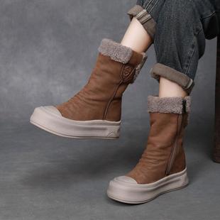 雪地靴女厚底加绒羊羔毛中筒靴保暖增高头层牛皮棉鞋 2025冬季 新款