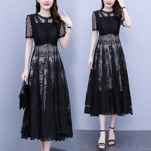 RM7353#夏装新款韩版大码胖mm显瘦法式减龄蕾丝拼接连衣裙小黑裙
