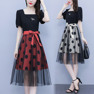 RM7355#夏装新款韩版大码胖mm显瘦法式减龄蕾丝拼接连衣裙