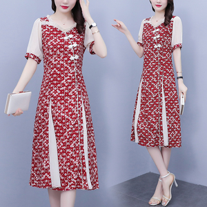 RM6042#大码女装2023夏新款复古时尚印花改良旗袍显瘦雪纺惊艳连衣裙
