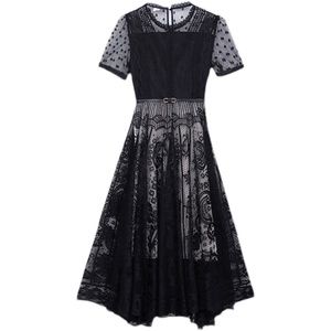 RM7353#夏装新款韩版大码胖mm显瘦法式减龄蕾丝拼接连衣裙小黑裙