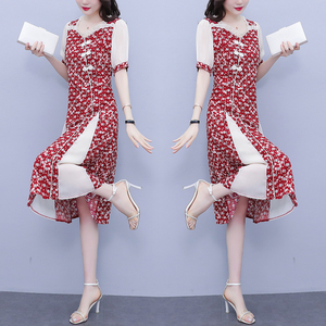 RM6042#大码女装2023夏新款复古时尚印花改良旗袍显瘦雪纺惊艳连衣裙