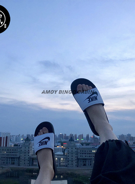 Nike耐克Benassi JDI 男女夏季黑白鸳鸯经典字母运动休闲沙滩拖鞋
