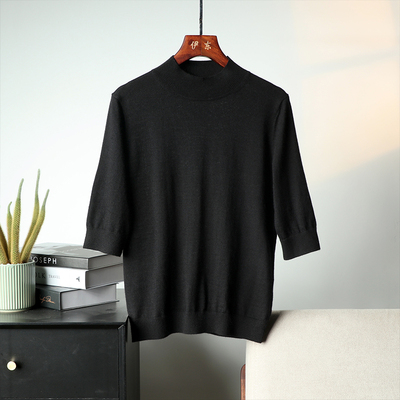 内蒙古产精纺纯山羊绒衫半高领中袖薄款简约时尚黑色羊绒打底衫