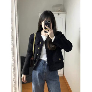 设计感小众感短款 秋冬黑色小香气质风外套女春秋季 粗花呢上衣
