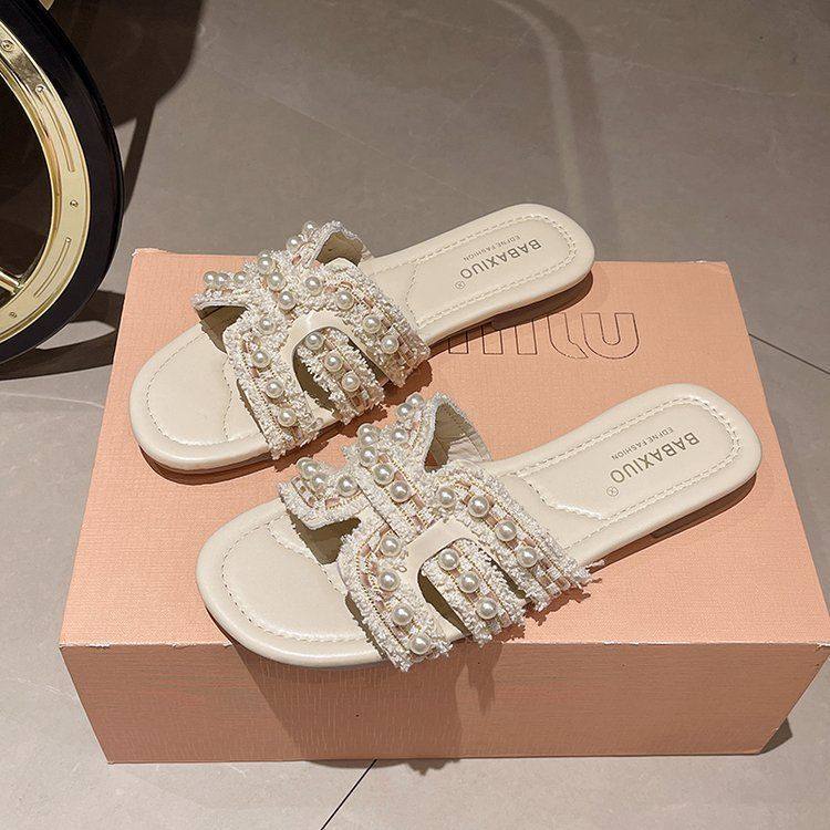 法式珍珠拖鞋女夏外穿2025新款仙女小香风时尚平底一字沙滩凉拖鞋,女鞋,一字拖,淘宝优惠券,粉丝福利购,淘宝优惠卷